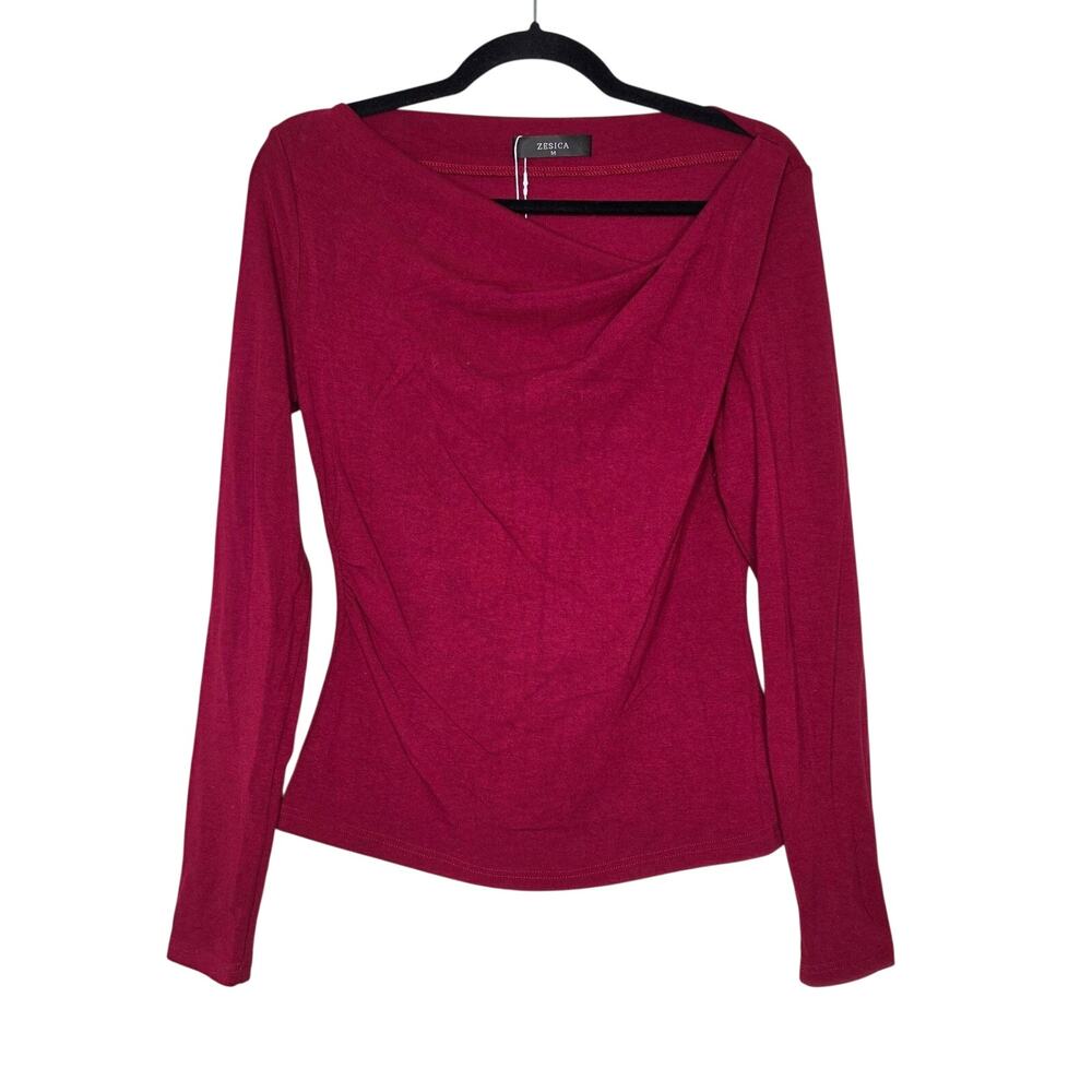 ZESICA Top Womens Medium Red Cowl Neck Long Sleeve Stretch Soft Knit Basic